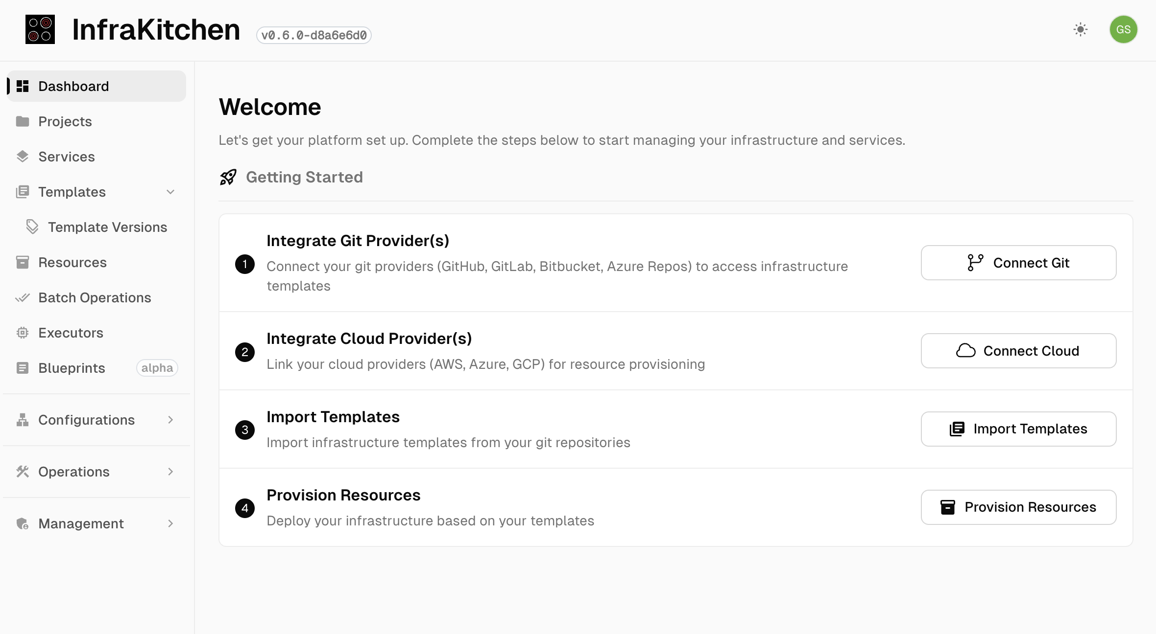 The InfraKitchen dashboard — templates, resources, and activity in one view